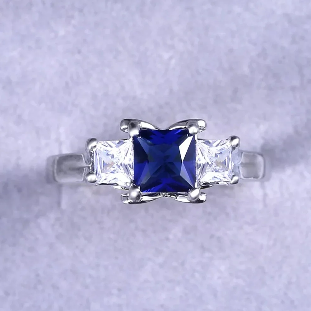 New Two Tone Square 925 Silver Sapphire Ring